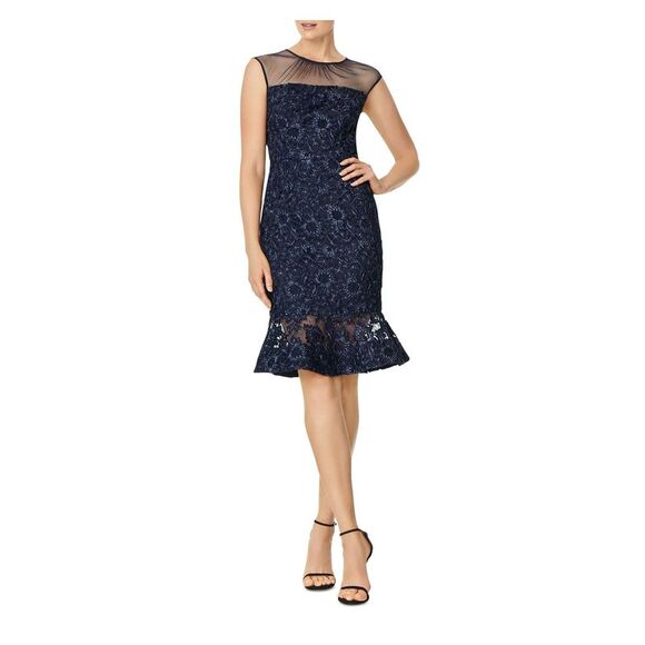 AIDAN MATTOX Womens Navy Sleeveless Boat Neck Midi Evening Fit + Flare Dress 0 - Picture 1 of 2